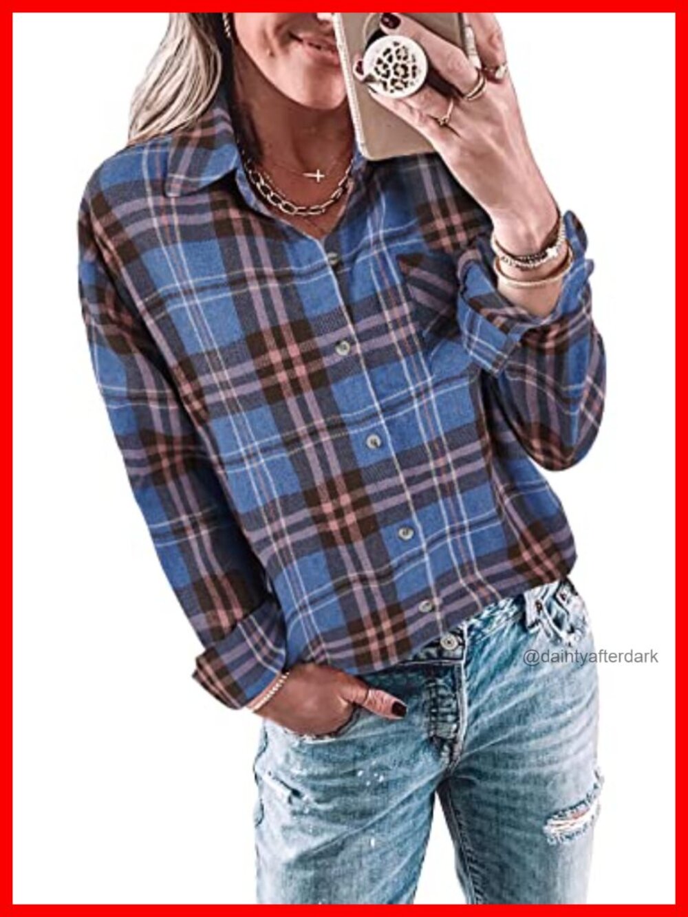 Womens Long Sleeve Button Down Plaid Flannel Shirt Casual
